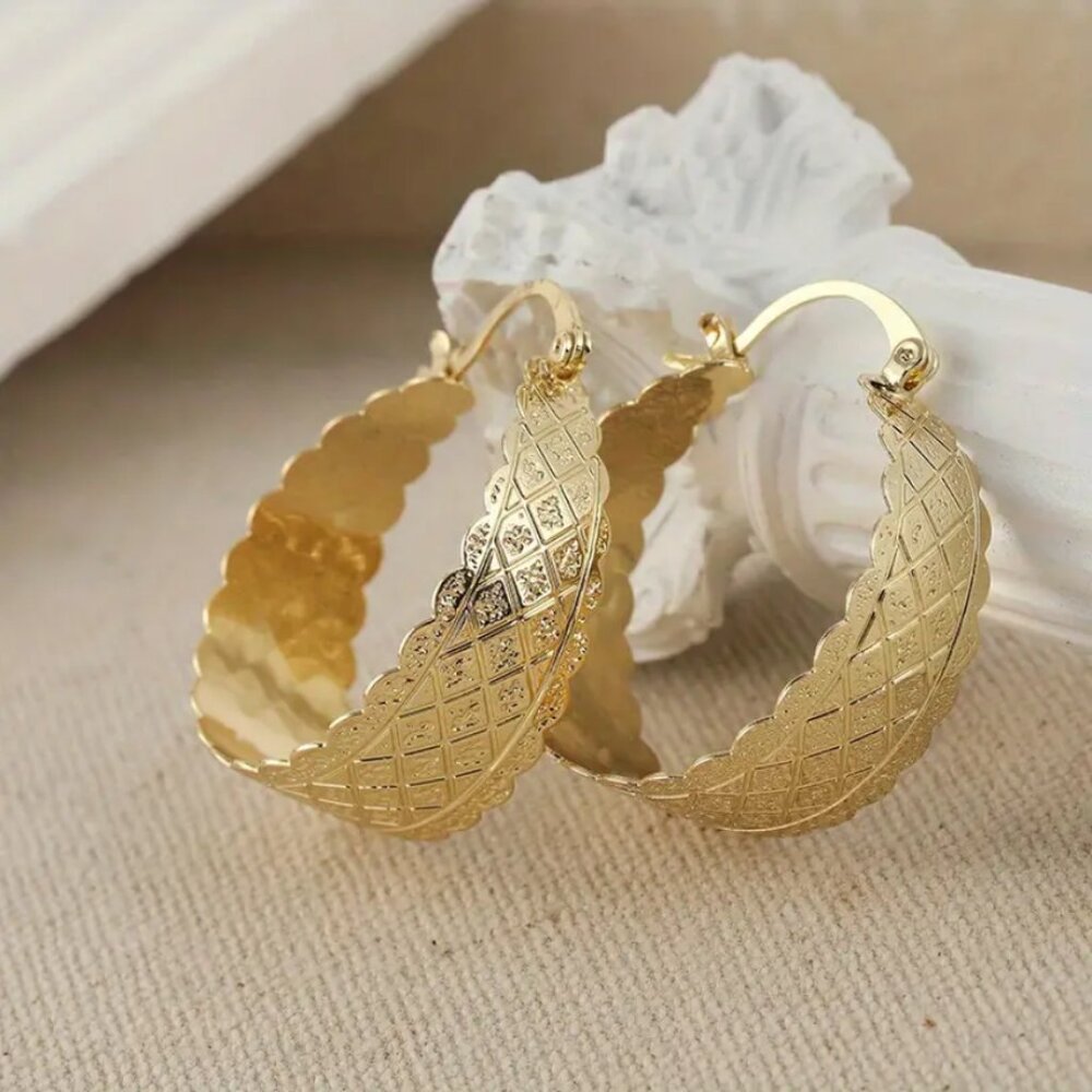 14K Gold Womens Etched Chunky Hoop Earrings Ladies 14 Karat Silver Hoops Jewelry - Picture 4 of 7